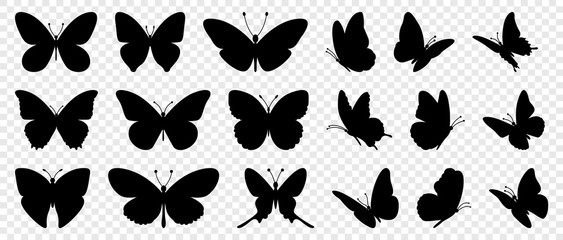Flying butterflies silhouette black set isolated on transparent background - obrazy, fototapety, plakaty