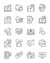 set of online marketing line icons, ads, seo, online shopping,