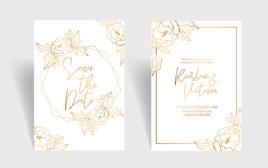 Obraz na płótnie Canvas Wedding invitation template with golden peonies and leaves