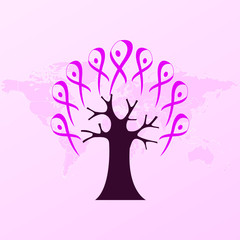 Global collaboration breast cancer awareness conceptual beautiful tree composition with pink ribbon symbols in pink background & world map vector illustration.