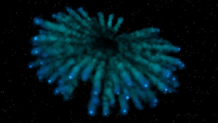 Blue Smoky Fireworks Explosions With Shimmering Glitter Particles On Black Starry Sky Background