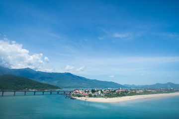 Fototapeta na wymiar Resort town outside of Danang, central Vietnam with blue sky
