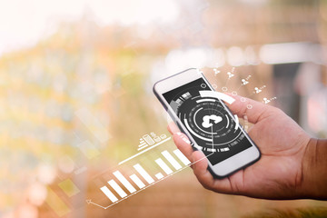 Internet of things Futuristic ai technology with virtual icons interface concept, cloud, social media and big data on blurred business man working with smart phone at home background