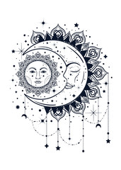 Vintage boho illustration of sun and moon. Dreamcatcher concept