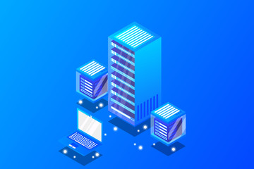 Mainframe, powered server, high technology concept, data center, cloud data storage isometric vector illustration ultraviolet background