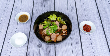 Fototapeta na wymiar Thai Food Mixes of Stewed Beef & Pork Balls Soups 