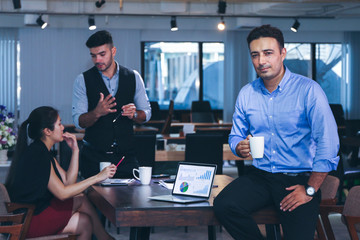 Group of Business people or team meeting in office and colleague relaxing talking or discussion and fun happy with coffee