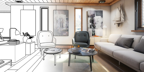 Modern Residential Attic Loft Interior (illustration) - panoramic 3d visualization