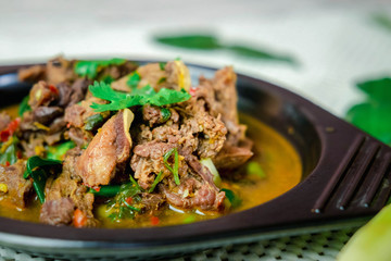 Thai spicy meat curry ready for serve