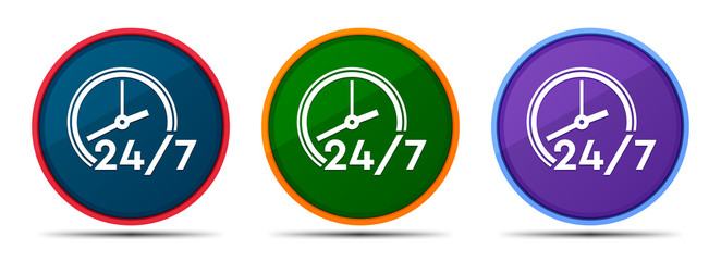 24/7 clock icon silky smart flat round buton set illustration