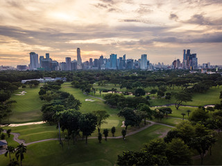Scenic Aerial Drone Picture of the Skyline of Makati in Metro Manila, Philippines during Sunset