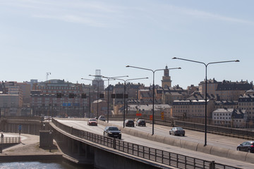 Fototapeta na wymiar Stockholm, Sweden - April 21 2019: the view of central bridge in a sunny day on April 21 2019 in Stockholm Sweden.