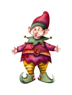 watercolor illustration.Cute Christmas little elves are Santa's helpers.isolated on a white background.