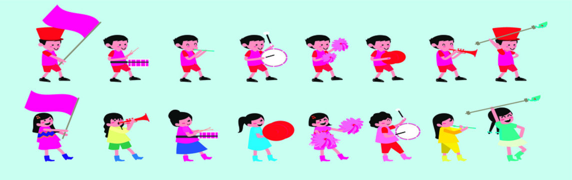 cartoon marching band collection with boy and girl icon design templates with various models. vector illustration