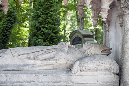 Armenian catholic archbishop Samuel Cyryl Stefanowicz monument on ancient Lychakiv cemetery in Lviv, Ukraine