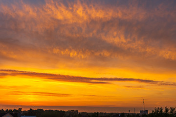 Yellow-orange sunset in the suburbs Moscow