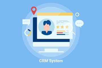 CRM system business solution, customer management and marketing automation software,  customer data and report, internet technology and communication. 