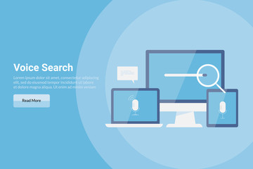 Voice search, voice recognition technology. Voice search application for digital devices, microphone icon displaying on laptop and tablet screen. Voice search optimization concept. voice assistant.