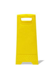 Blank yellow warning sign on the floor isolated on white background with shadow and clipping path.