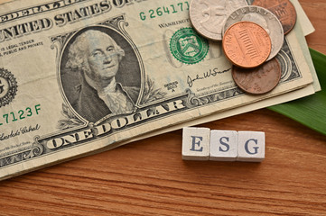 The word cube formed "ESG" with bills and the earth on wooden board.