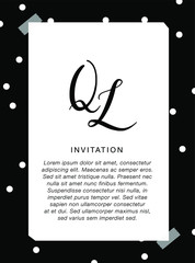 Vector illustration of blank with transparent adhesive tape on black background. Invitation polka dot pattern 