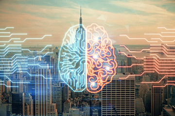 Brain hologram drawing on cityscape background multi exposure. Ai in modern city concept.