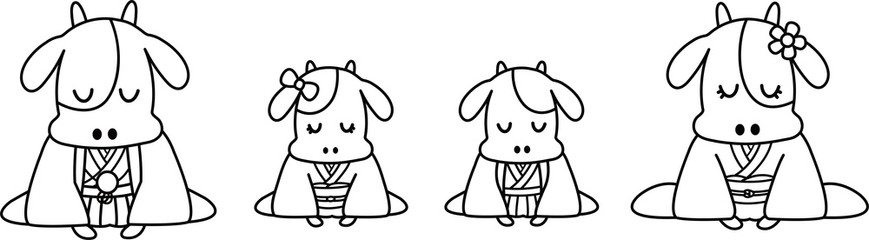 お辞儀をする着物姿の牛の家族（白黒）