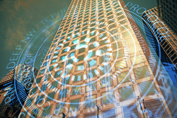 Data theme hologram drawing on city view with skyscrapers background multi exposure. Bigdata concept.