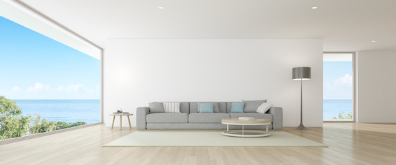 Fototapeta na wymiar 3D render of modern living room with wooden floor and sofa set on sea background.