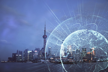 Multi exposure of social network theme drawing and cityscape background. Concept of people connecton.