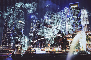 Multi exposure of social network theme drawing and cityscape background. Concept of people connecton.