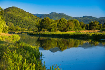 Fototapeta na wymiar Beautiful Gacka river flowing between green fields, summer view, Lika region of Croatia