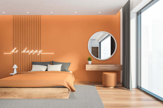 Orange bedroom interior with mirror, front view