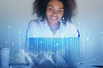 African woman with laptop, network interface