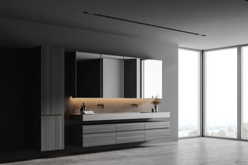 Gray bathroom corner with double sink