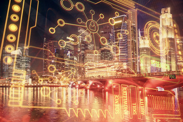 Data theme hologram drawing on city view with skyscrapers background multi exposure. Ai concept.