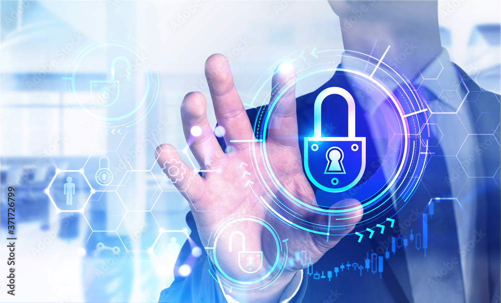 Poster man using cyber security interface