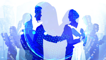 Man and woman shaking hands, network