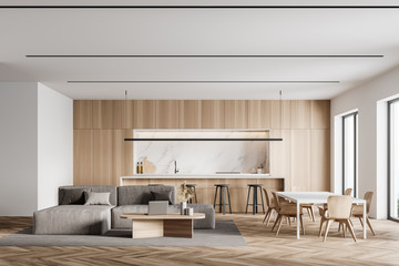 White and wooden kitchen interior