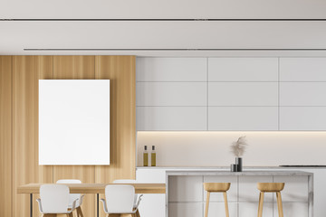 White and wooden kitchen with bar and poster