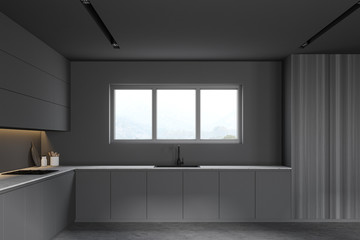 Grey and wooden kitchen with cupboards