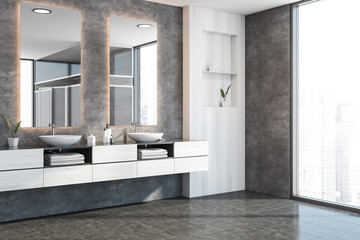 Double sink in white and concrete bathroom corner