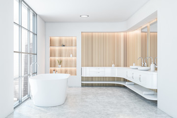 Obraz na płótnie Canvas Wood and white bathroom, sink and tub