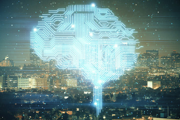Brain hologram drawing on city scape background Double exposure. Brainstorming concept.