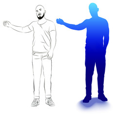 Vector illustration of a standing man with a raised hand. Isolated image of people. Silhouette and outline of a man on a white background.