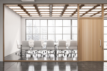 White panoramic meeting room with door