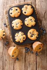 Diet berry muffins with blueberries close-up in a baking dish on the table. vertical top view from above