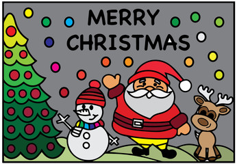 christmas card with santa claus and snowman