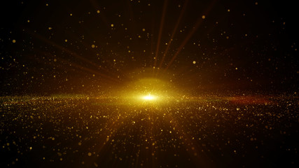 Abstract gold color digital particles flowing with dust and light background.