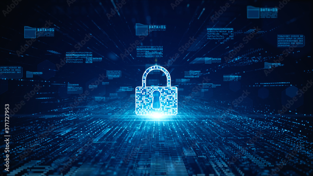 Aufkleber Lock Icon cyber security of digital data network protection. High speed connection data analysis. Technology data network conveying connectivity background concept.